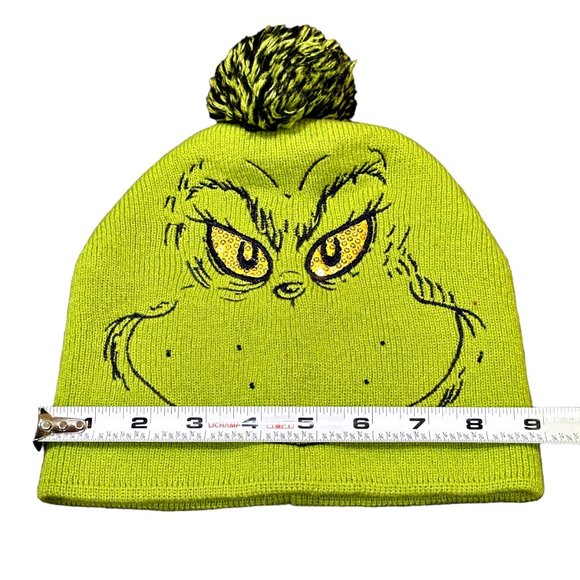 Dr. Seuss Grinch Green Beanie Pom Pom Cap Hat Adult OSFM Sequined Eyes Christmas - Picture 7 of 8